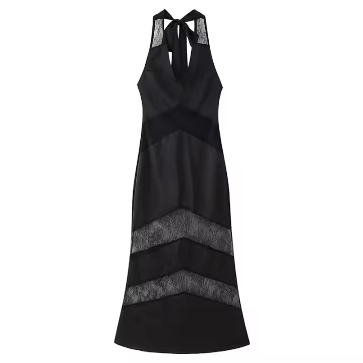 OUWU- Moda Mujer Sexy Slim Encaje Empalme Ver A Través Halter Vestido Francés Negro Sin Mangas Cuello Vestido Fiesta Bata - 1
