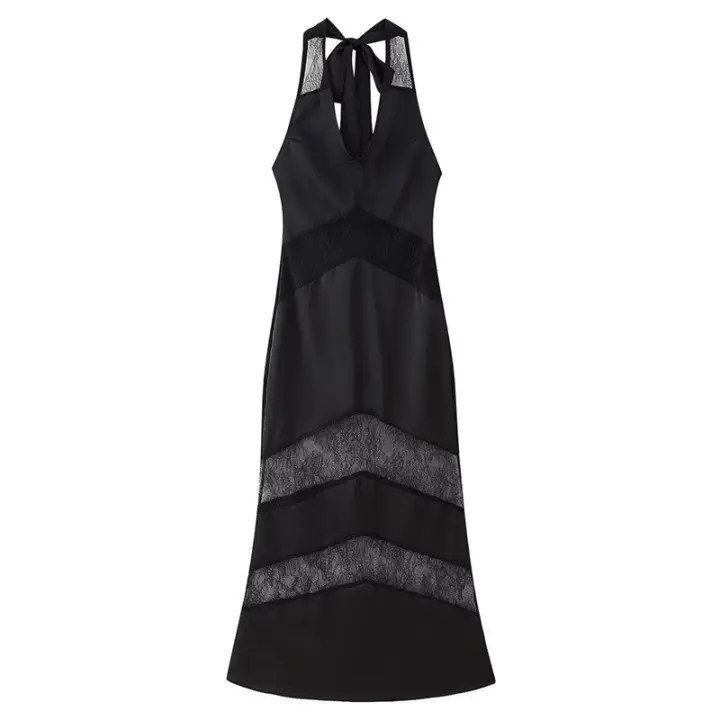 OUWU- Moda Mujer Sexy Slim Encaje Empalme Ver A Través Halter Vestido Francés Negro Sin Mangas Cuello Vestido Fiesta Bata - 1