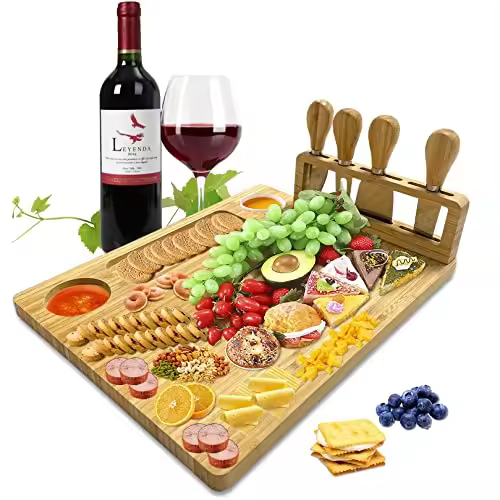 Tabla de queso con juego de cuchillos para queso, plato de queso de bambú, tabla de charcutería - 1