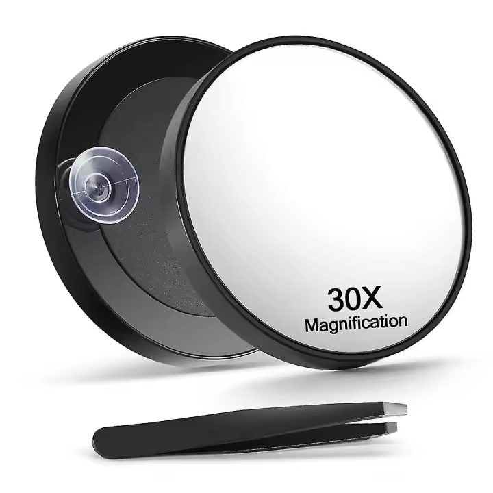 Espejo de aumento de 30X con pinzas, espejo de maquillaje con 2 ventosas para aseo y viaje - 1