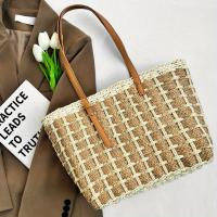 Bolso de mano de paja tejido de gran capacidad de inspiración vintage con patrón de rejilla negra: elegante para llevar en el hombro y las axilas, ideal para la playa, desplazamientos diarios y regalos navideños, disponible en negro, bolso de paja, tejido - details 8