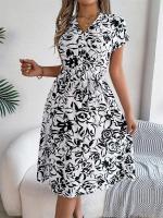 Msfilia Vestido de verano con cuello en V y cinturón plisado con estampado de moda para mujer - details 0