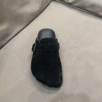 Zapatillas con punta bifurcada de cuero de ante negro con logotipo, sandalias, zapatos de mula de cabeza plana para mujer a la moda - details 4