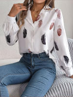 Blusa de manga larga con estampado de plumas para mujer, camisa blanca a la moda, Top informal para oficina, ropa elegante para mujer, novedad de otoño - details 6