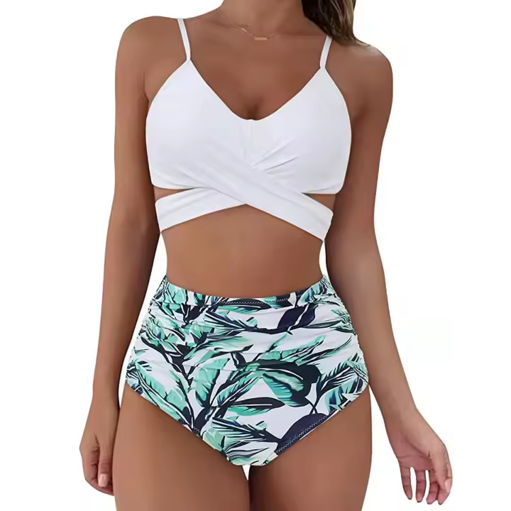 Bañador de mujer de talle alto, bikini multicolor, estampado de cuello con tirantes cruzados - 1