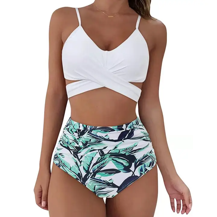 Bañador de mujer de talle alto, bikini multicolor, estampado de cuello con tirantes cruzados - 1