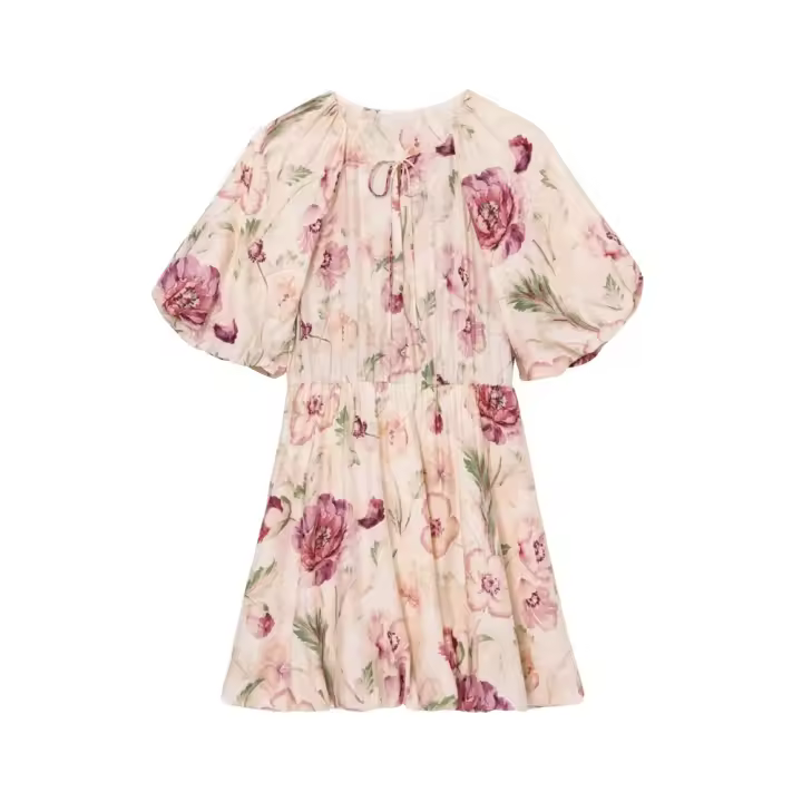 PB & ZA 2025 novedad de verano llegadas de las mujeres temperamento Simple Puff manga cuello redondo Vestido corto estampado Falda corta - 1