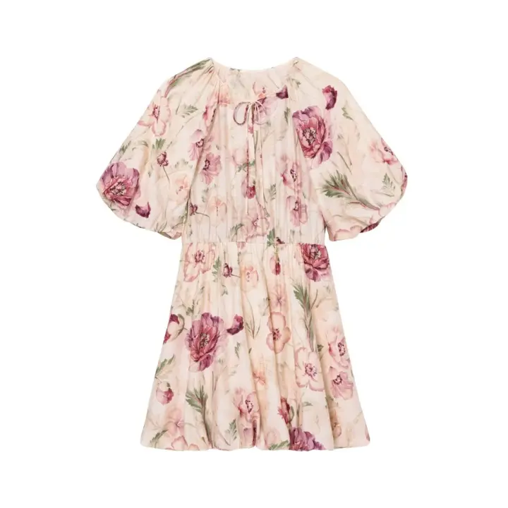 PB & ZA 2025 novedad de verano llegadas de las mujeres temperamento Simple Puff manga cuello redondo Vestido corto estampado Falda corta - 1