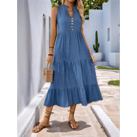 Vestido casual largo de verano, nuevo, de color sólido, con cuello en V y textura. - details 4