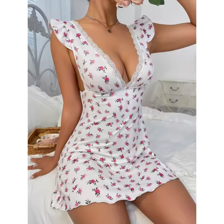 Nueva lencería sexy de verano puro deseo liguero pequeño floral profundo V pijamas encaje seducción camisón mujeres - 1