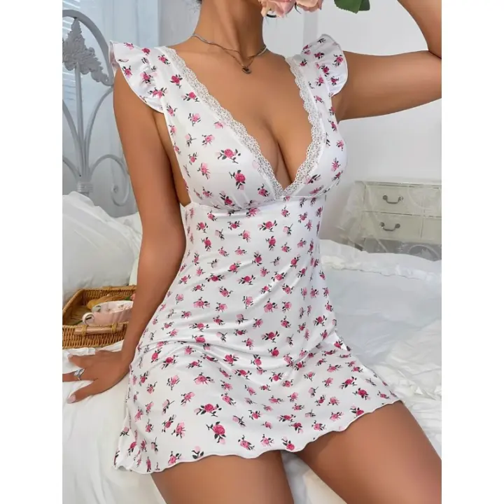 Nueva lencería sexy de verano puro deseo liguero pequeño floral profundo V pijamas encaje seducción camisón mujeres - 1