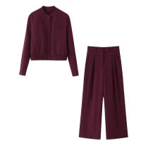 TRAFZA-Conjuntos de ropa de calle para mujer, color rojo vino, cuello redondo, bolsillos con cremallera y pantalones sueltos de cintura alta, trajes de manga larga a la moda para primavera - details 2