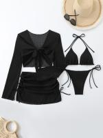 Conjunto de baño de 4 piezas para mujer Lauvoco, 2024, nuevo color liso, pareo de hombros descubiertos, falda de malla transparente, bikini, 82% poliéster, 18% elastano, tejido de punto de alta elasticidad, detalle de cordones, sin mangas, para nadar. - details 0