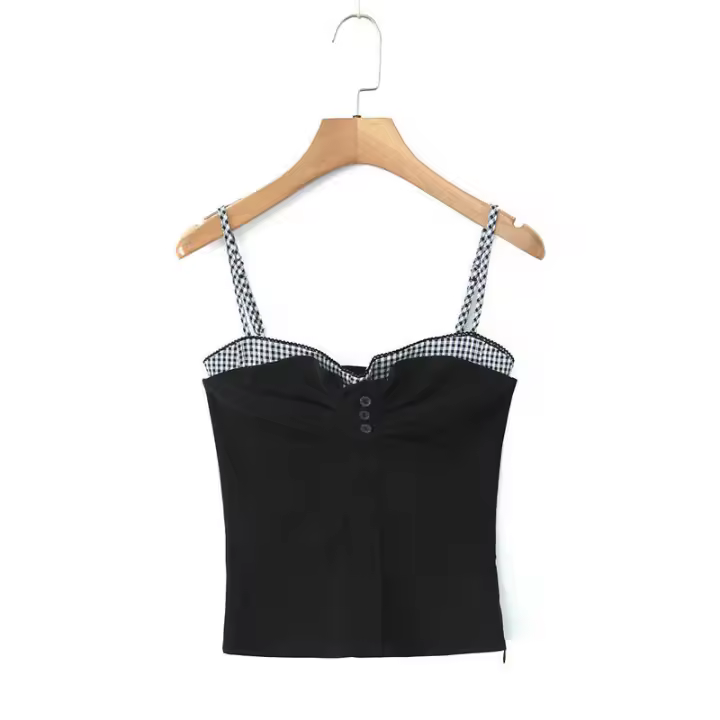 OUWU Falso Halter Top Negro Estilo Francés a Cuadros Vacaciones Verano Moda de Mujer - 1