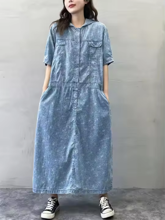 Vestido Elegante de Denim Floral para Mujer Diseño Coreano Moda 2023 Lavado a Mano Algodón Forro Manga Larga Estilo Casual Ideal para Primavera/Verano - 1
