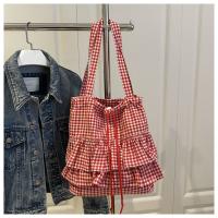 Bolso de hombro de estilo coreano Vintage con hojas de loto, bolso con cordón estampado a la moda, bolso de mano a cuadros bonito, bolsa de almacenamiento - details 4