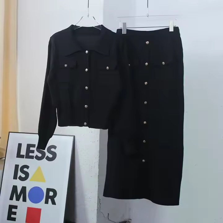 Elegante chaqueta con falda para mujer, camiseta de 2 piezas a juego en negro, blanco marrón, camisetas de punto de dos piezas para - 1