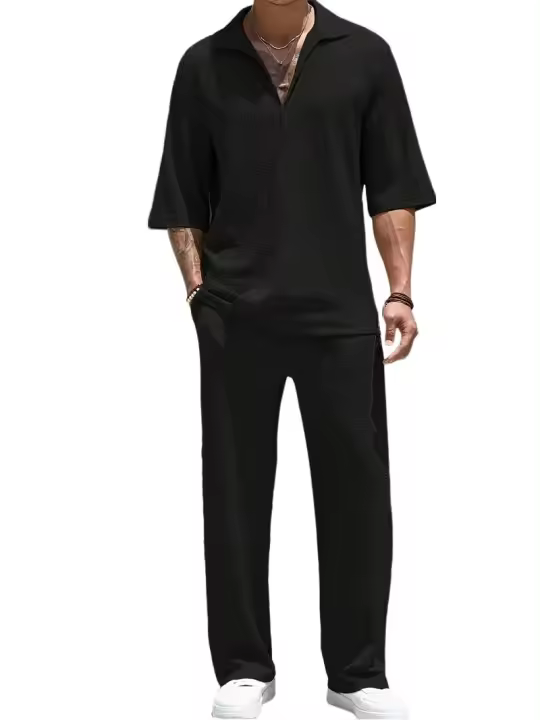 Conjunto suelto informal de 2 piezas con cuello jacquard y pantalones de bolsillo con cordón para primavera y verano para hombre - 1