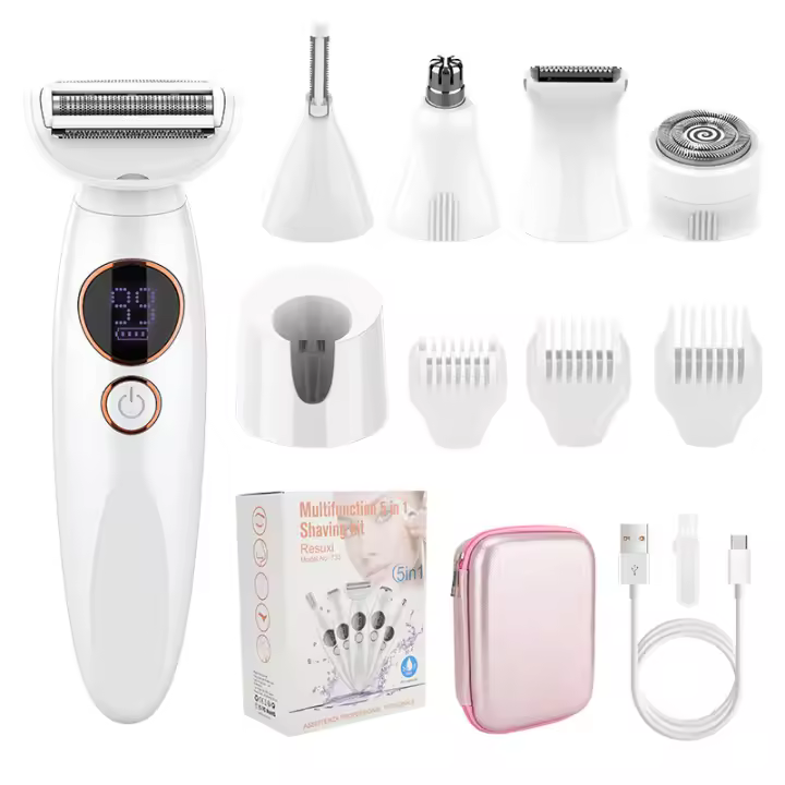 Maquinilla de Afeitar Eléctrica para Mujer, Recortadora de Pelo para Piernas de Bikini, Afeitado para Mujer, Cejas, Labios, Cuerpo, Cara, Barba, Bigote, Nariz, Brazo, Axila, Depilación Facial para Mujer, Kit 5 en 1, Puerto de Carga Tipo C - 1