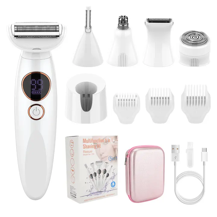 Maquinilla de Afeitar Eléctrica para Mujer, Recortadora de Pelo para Piernas de Bikini, Afeitado para Mujer, Cejas, Labios, Cuerpo, Cara, Barba, Bigote, Nariz, Brazo, Axila, Depilación Facial para Mujer, Kit 5 en 1, Puerto de Carga Tipo C - 1