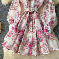 Vestido corto con estampado de wer para mujer, moda de primavera 2024, manga larga acampanada, botones de perlas con muescas, Mini Vestidos de fiesta con cinturón - details 17