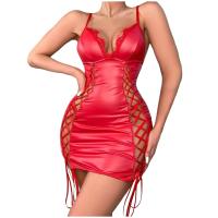 Ropa interior Sexy de PU brillante para mujer, vestido hueco de encaje erótico de látex sin entrepierna, cárdigan de cuero, ropa de discoteca - details 2
