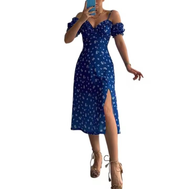 Sexy sin mangas con estampado bandeau y falda del vientre a la pantorrilla para mujer, vestido con tirantes de moda floral dividido - 1