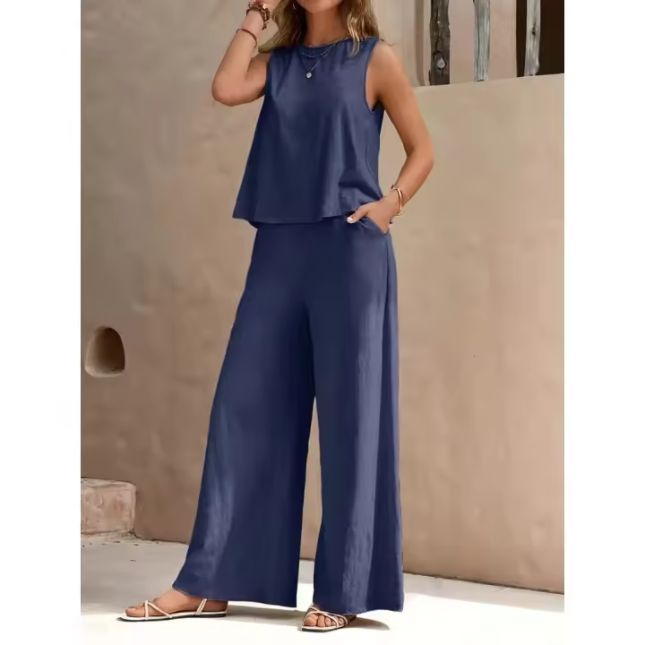 Conjunto de chaleco de cuello redondo y pantalones de pierna ancha para mujer, elegante, de dos piezas, color sólido, 2025 - 1