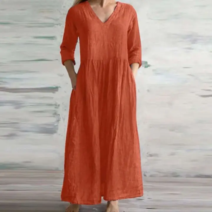 Vestidos largos sueltos de algodón para mujer primavera otoño nuevo Vestido largo informal con mangas y cuello en V Vestido de mujer de estilo Simple - 1