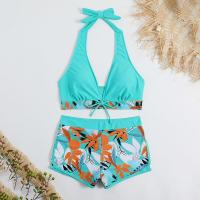 Bikini abierto con estampado de hojas retro en talla grande, conjunto de traje de baño de dos piezas con correas estables para mujer - details 52