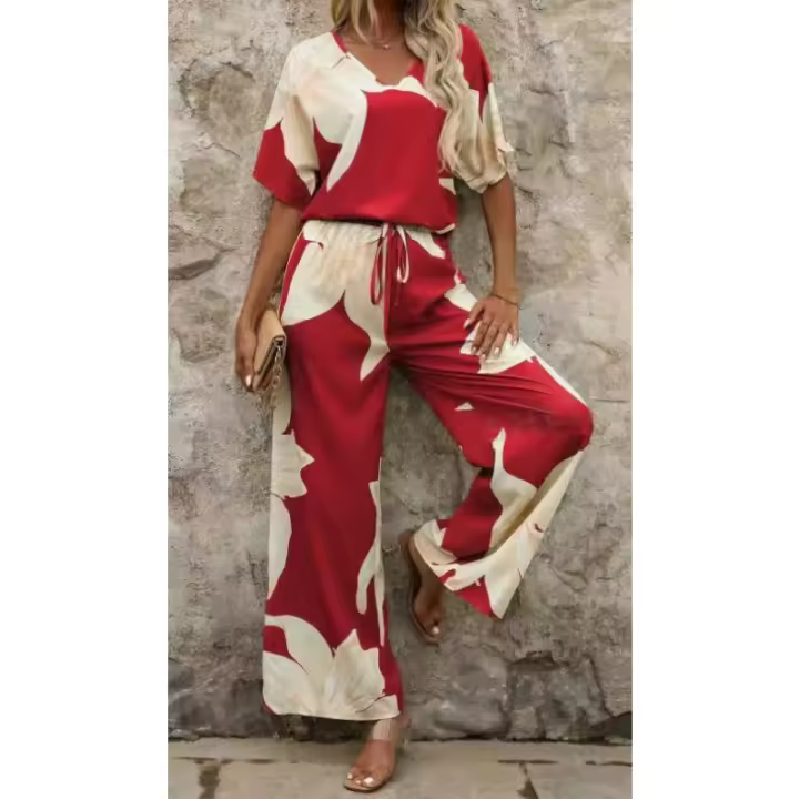 Ropa de mujer nueva europea y americana con cuello en V, estampado digital a rayas, pantalones de bolsillo de manga corta, conjunto de dos piezas - 1