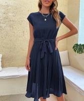 Vestido plisado elegante para mujer, manga corta con cinturilla, verde negruzco S, Verano - details 13