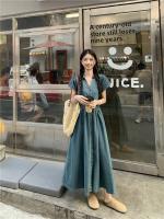 Vestido vaquero Vintage elegante con cuello en V, falda acampanada de longitud media, cintura alta coreana, manga corta, moda de verano para mujer - details 7