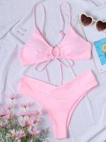 Nuevo conjunto de bikini de alta elasticidad verano 2025, sexy de dos piezas con cordones de color sólido para mujer, traje de baño de playa - details 40