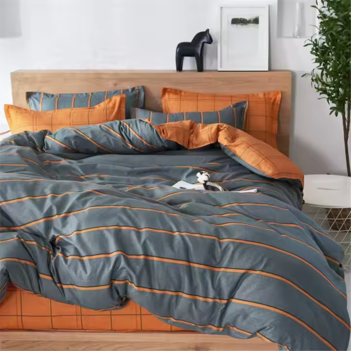 Treer Juego de Ropa de Cama de 3 Piezas, Microfibra Suave Transpirable Moderno Tartán Juego de Fundas Edredón con 1 Funda Nórdica + 2 Funda de Almohada (Naranja Gris,Cama 150/160-220x240cm) - 1