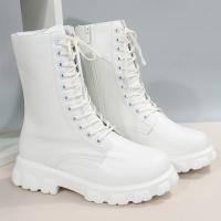 Botas de cuero de imitación de fondo grueso para mujer, Zapatos de tacón grueso Blanco, Otoño e invierno - details 7