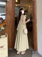 Falda junto al mar con espalda descubierta y lazo, vestido pequeño con mangas voladoras y cuello cuadrado francés para niños, falda larga estilo vacaciones - details 0