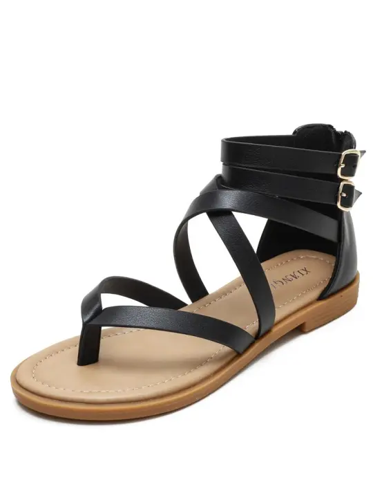 Sandalias Cruzadas con Tiras Romanas Viento de Hadas de Fondo Plano para Mujer en Verano - 1