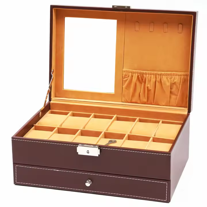 Caja de almacenamiento de joyas para reloj con espejo y cerradura para joyas, anillos, collares y relojes - 1