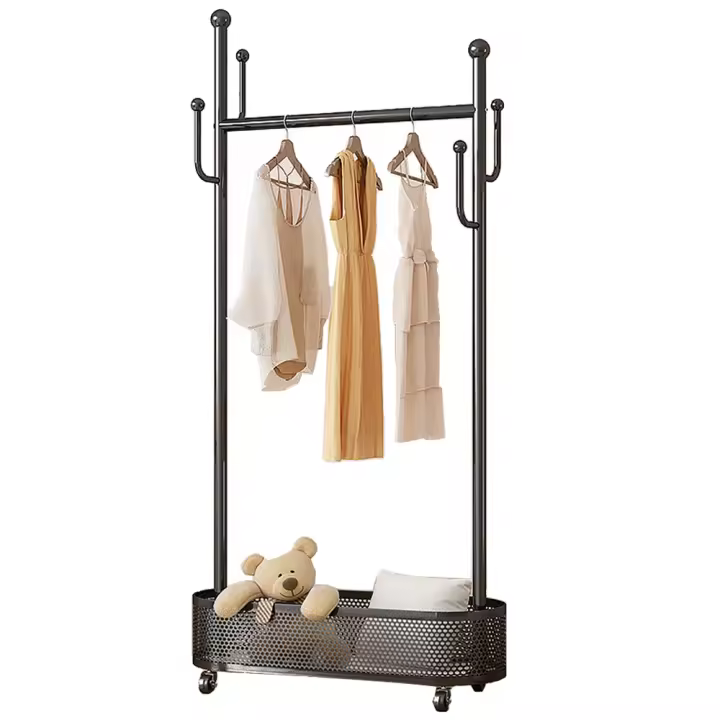 Perchero de Metal con 4 ganchos y estante de almacenamiento, soporte de riel de ropa de pie con ruedas para pasillo, sala de estar y dormitorio - 1