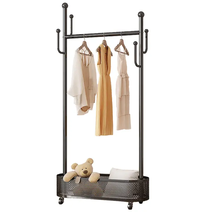 Perchero de Metal con 4 ganchos y estante de almacenamiento, soporte de riel de ropa de pie con ruedas para pasillo, sala de estar y dormitorio - 1