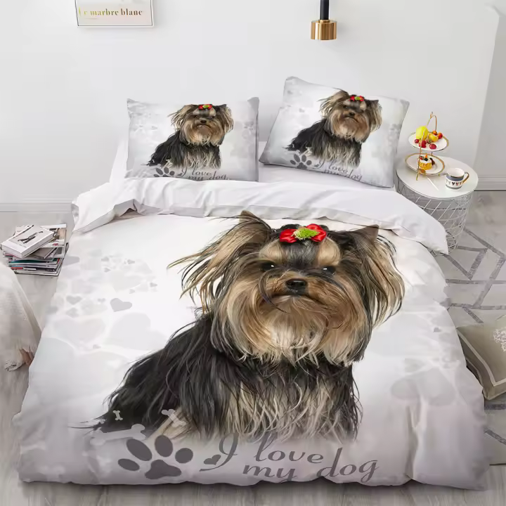 Juego de funda nórdica con estampado de perro bonito en 3D (1 funda nórdica + 1/2 funda de almohada), juego de cama para perro Pug para dormitorio - 1