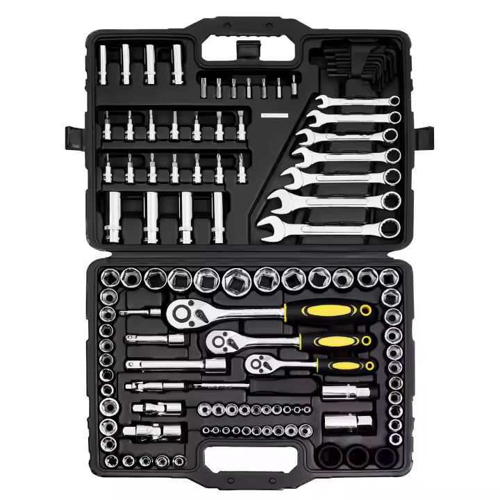 SucceBuy Juego de herramientas mecánicas de 121 piezas, casquillos de accionamiento de 1/4" 3/8" 1/2" - Kit de herramientas mecánicas SAE y métricas con puntas, llaves, mango de trinquete, accesorios y estuche de almacenamiento de plástico, para reparació - 1