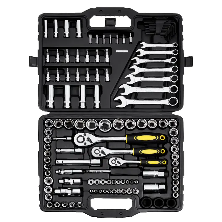 SucceBuy Juego de herramientas mecánicas de 121 piezas, casquillos de accionamiento de 1/4" 3/8" 1/2" - Kit de herramientas mecánicas SAE y métricas con puntas, llaves, mango de trinquete, accesorios y estuche de almacenamiento de plástico, para reparació - 1