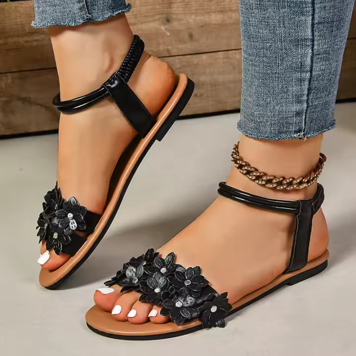 Sandalias planas con decoración de flores para mujer, zapatos de playa ligeros y cómodos, vestido Floral blanco a la moda, verano 2025 - 1
