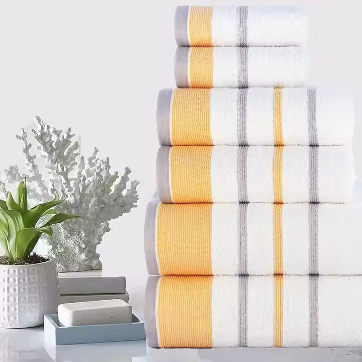138 x 70 de para Hotel Cocina, baño, Juego de 6, 2 baños, 2 Manos, 2 paños de Lavado, Color Blanco con Ribete Dorado y Gris - 1