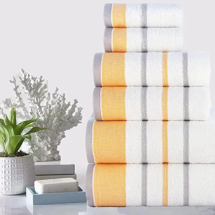 138 x 70 de para Hotel Cocina, baño, Juego de 6, 2 baños, 2 Manos, 2 paños de Lavado, Color Blanco con Ribete Dorado y Gris - 1