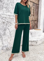 Conjuntos de punto de verano para mujer, trajes de 2 piezas, Tops de manga corta con pantalones, Verde S - details 6