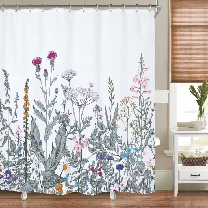 Verde Planta Motivo Cortina Ducha Anti Moho Impermeable Tela de Poliéster Lavable Cortina de Baño con Anillos 180x180cm - 1
