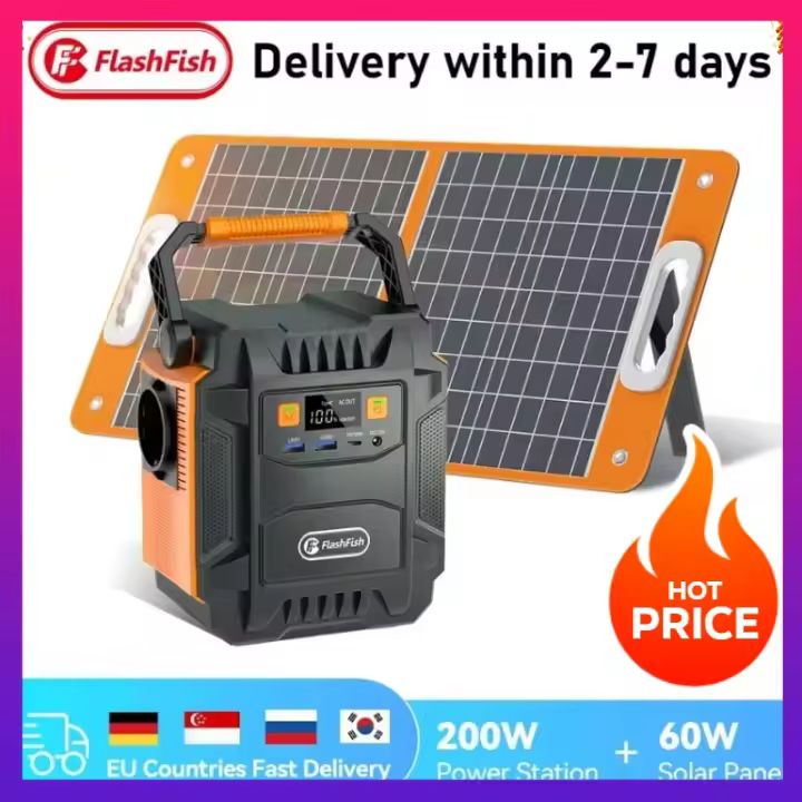 Generador Solar Portátil 200W, Batería de Ion de Litio 172Wh, Estación de Energía 110-240V con Panel Solar Portátil de 18V 60W, Cargador Solar. - 1